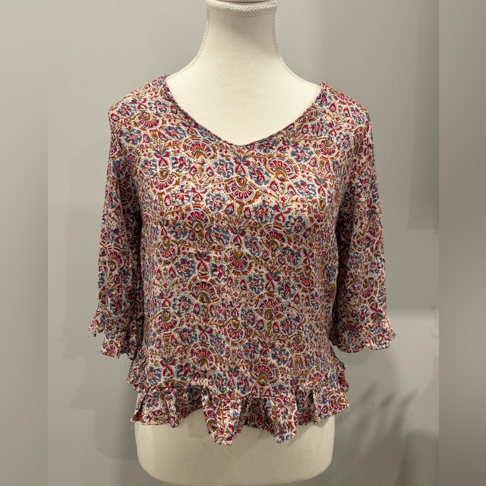 Cynthia Rowley v-neck viscose blouse Sz S Floral Bohemian Spring Easter Church